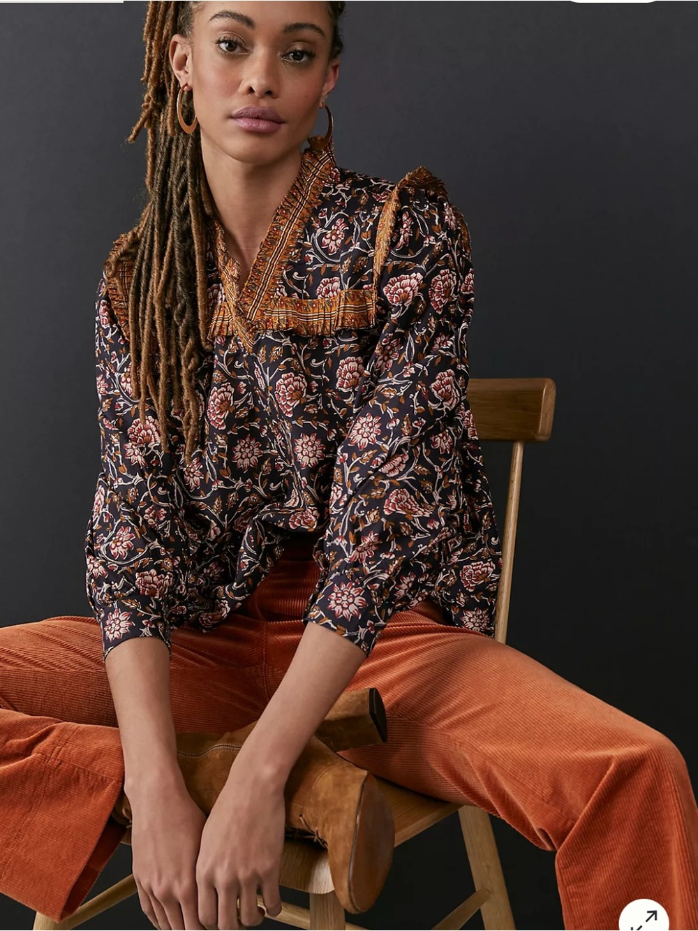 Anthropologie Othilia Black Floral Peasant Blouse with Rust Trim